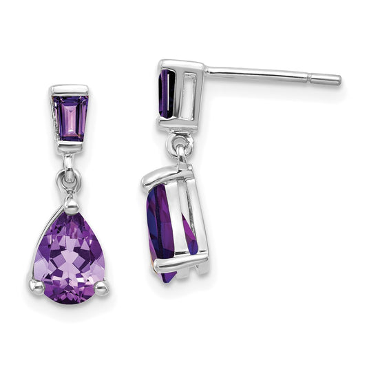Solid 14k White Gold Simulated Amethyst Dangle Post Earrings