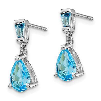 Solid 14k White Gold Simulated Blue Topaz Dangle Post Earrings
