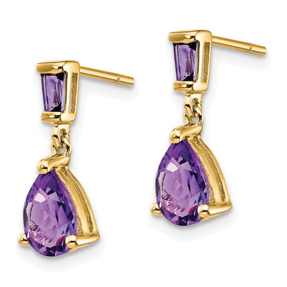 Solid 14k Yellow Gold Simulated Amethyst Dangle Post Earrings