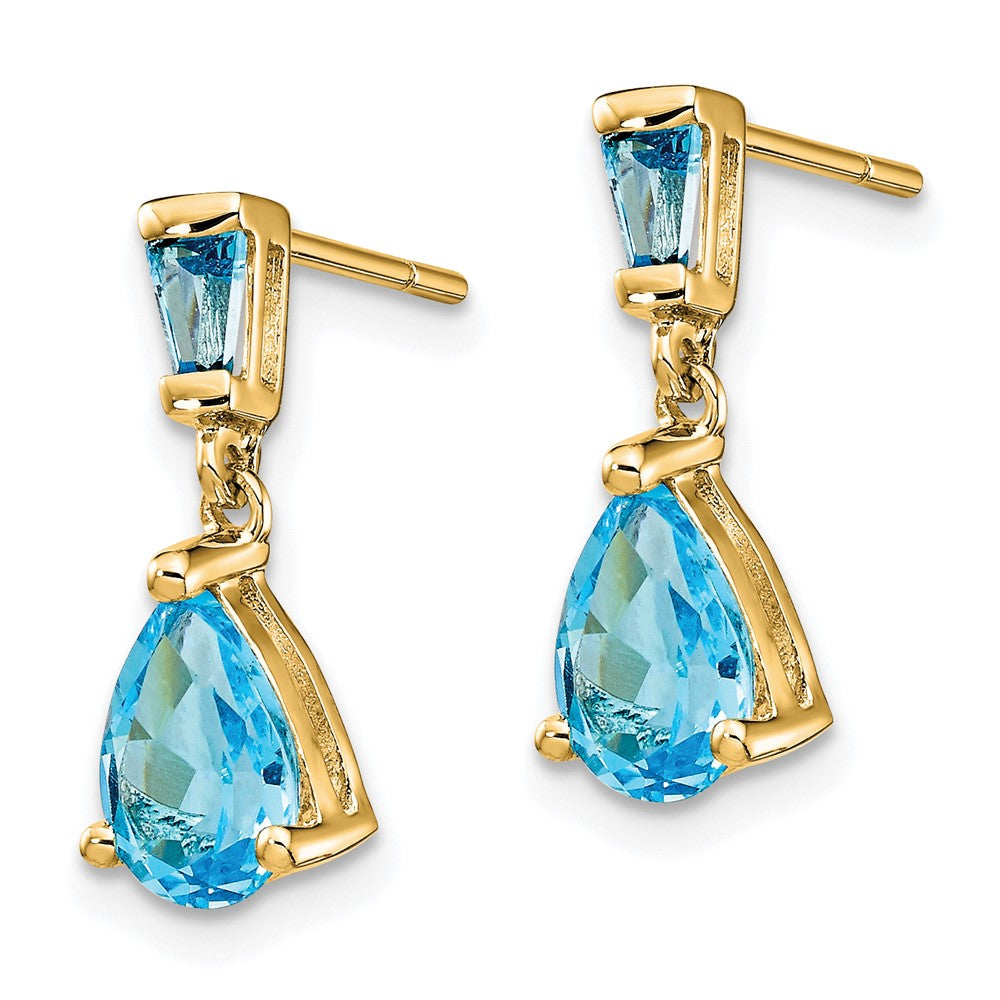Solid 14k Yellow Gold Simulated Blue Topaz Dangle Post Earrings