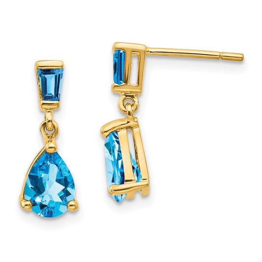14k Yellow Gold Blue Topaz Dangle Post Earrings