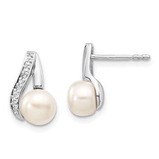 14k White Gold 6-7mm Button FWC Pearl .02ct Real Diamond Post Earrings XE1789P/A