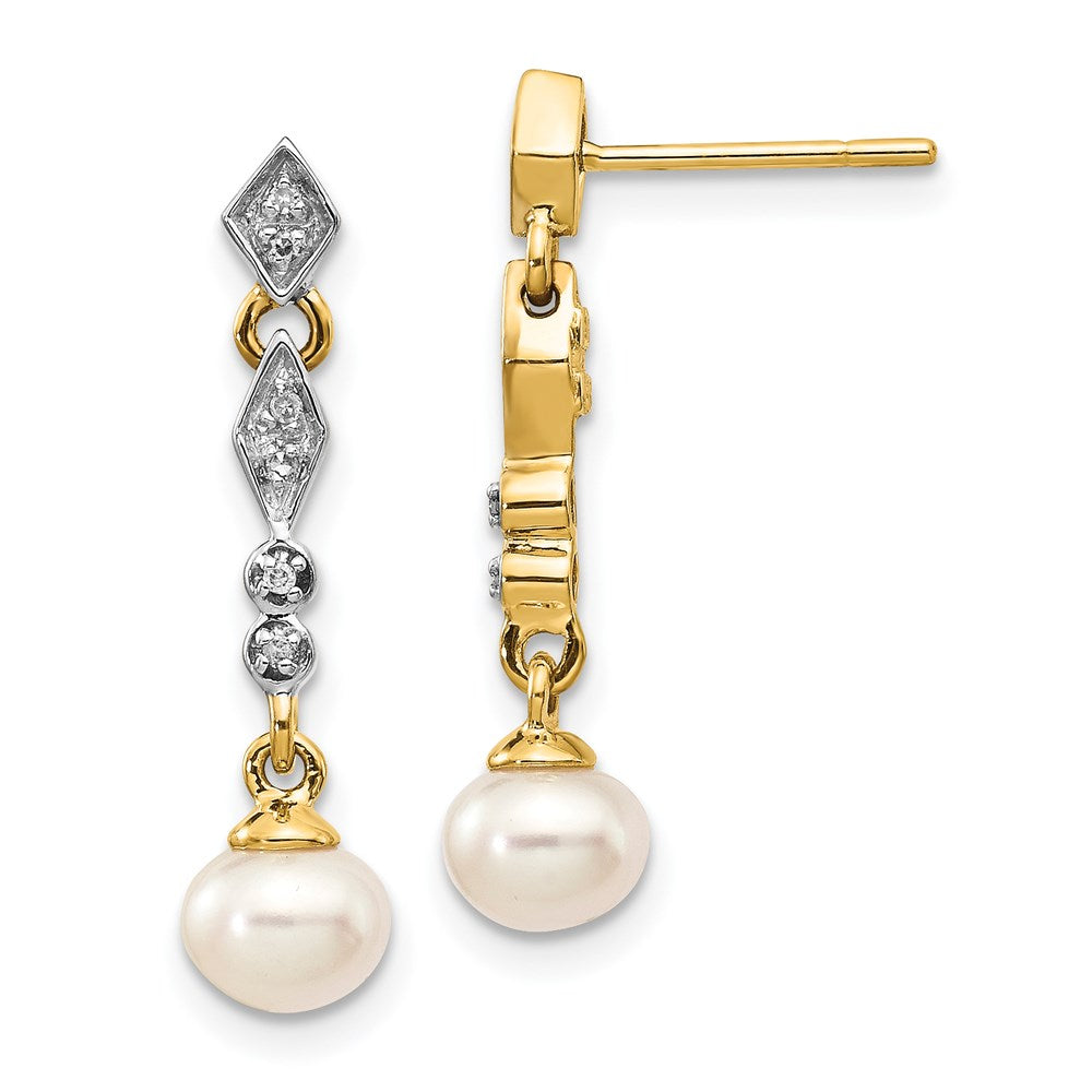 14k Yellow Gold w/Rhodium 5-6mm Semi-round FWC Pearl .04ct Real Diamond Earrings XE1802P/A