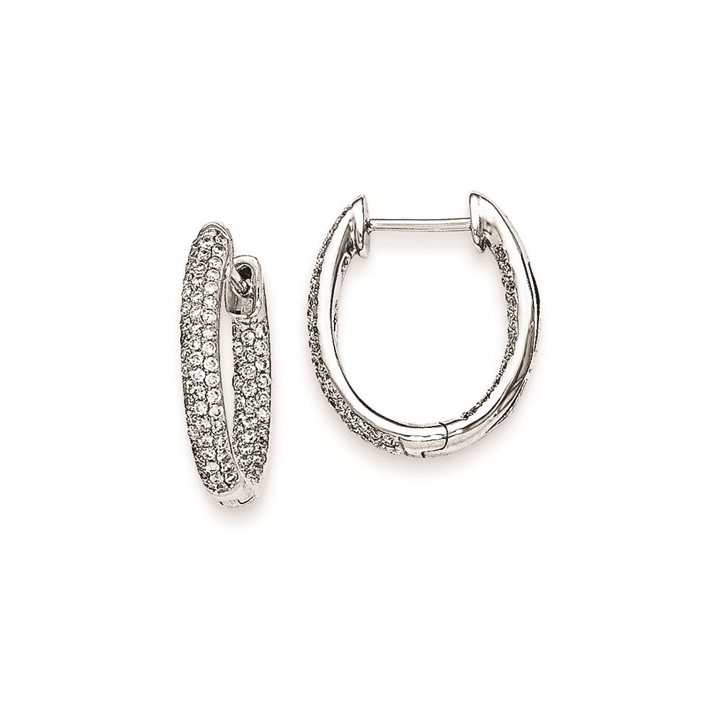 Solid 14k White Gold Simulated CZ In-Out Hinged Hoop Earrings