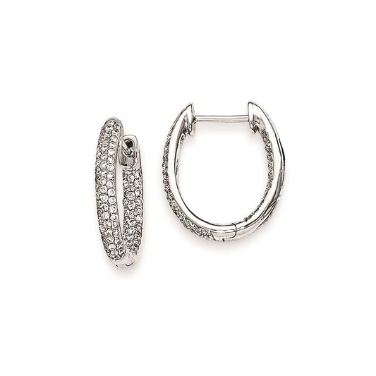 Solid 14k White Gold Simulated CZ In-Out Hinged Hoop Earrings