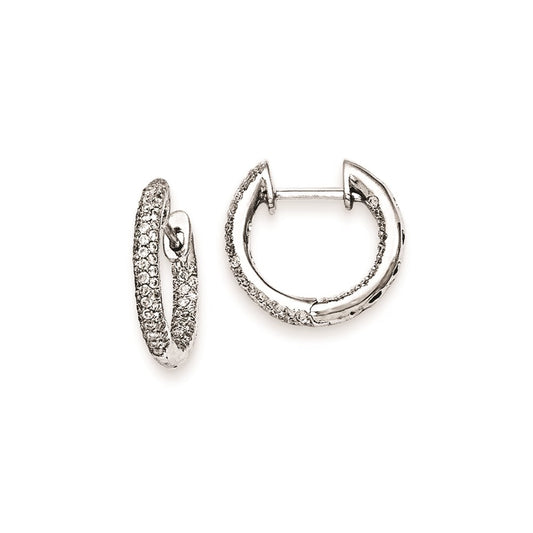 Solid 14k White Gold Simulated CZ Hinged Hoop Earrings