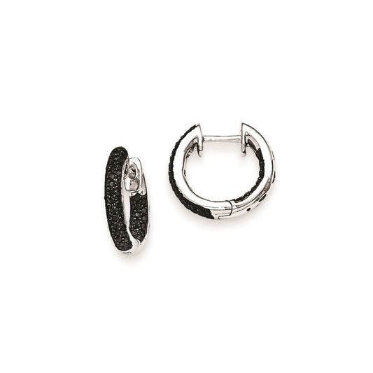 14k White Gold Black Real Diamond Hinged Hoop Earrings XE1825AA