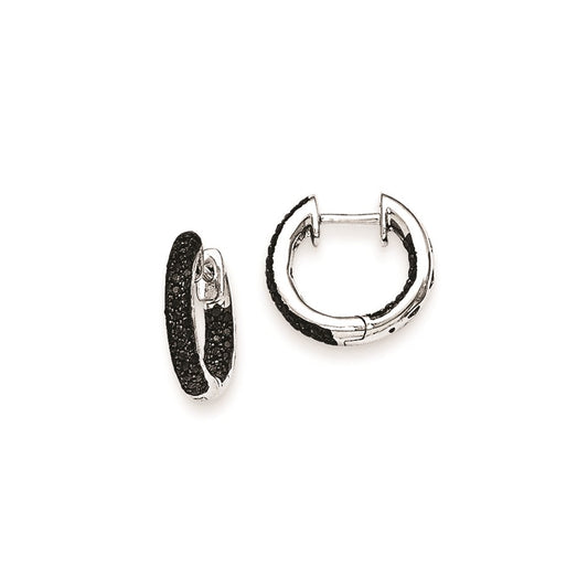 Solid 14k White Gold BlacK Simulated CZ Hinged Hoop Earrings