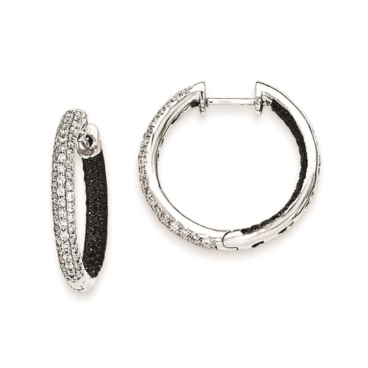 Solid 14k White Gold BlacK and Simulated CZ Hinged Hoop Earrings
