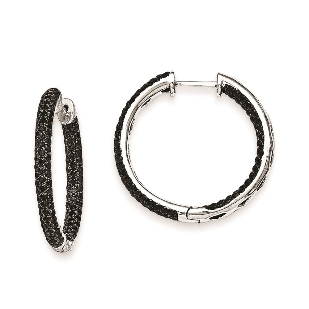 Solid 14k White Gold BlacK Simulated CZ Hinged Hoop Earrings