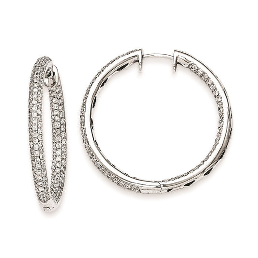 Solid 14k White Gold Simulated CZ Hinged Hoop Earrings