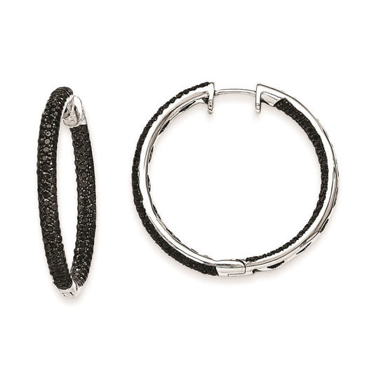 14k White Gold Black Real Diamond Hinged Hoop Earrings XE1837AA