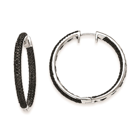 Solid 14k White Gold BlacK Simulated CZ Hinged Hoop Earrings