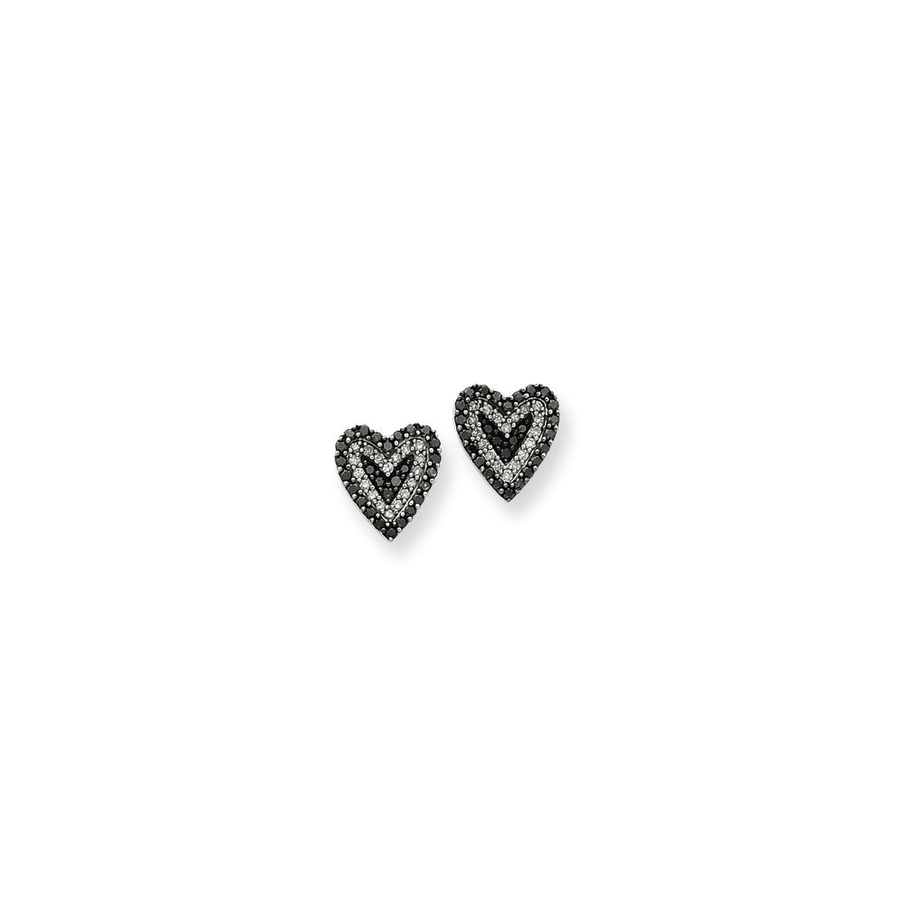 14K White Gold Black & White Real Diamond Heart Post Earrings XE1933A