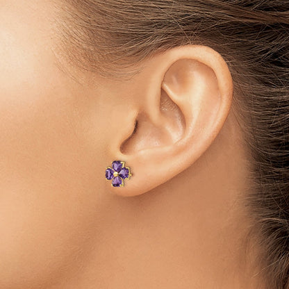 14k Yellow Gold Heart-shaped Amethyst Flower Post Earrings