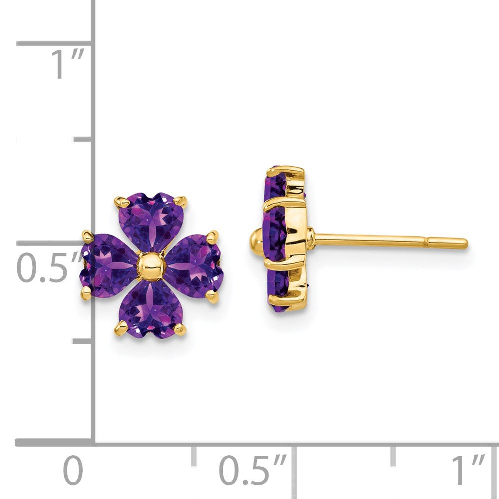 14k Yellow Gold Heart-shaped Amethyst Flower Post Earrings