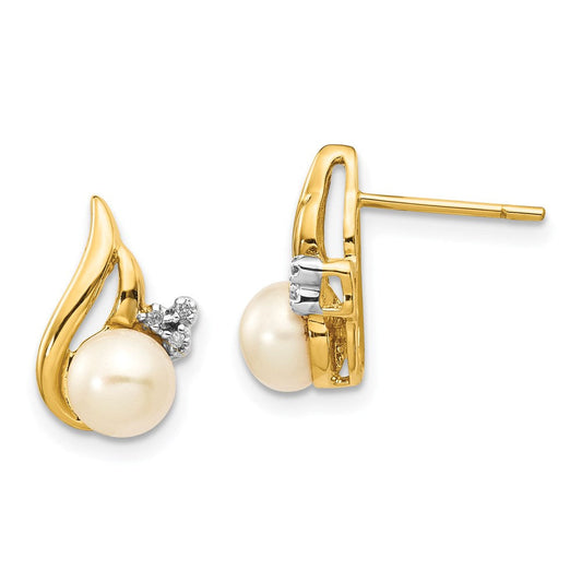 14k Yellow Gold and Rhodium 5-6mm Button FWC Pearl .02ct Real Diamond Post Earrings XE1969P/A