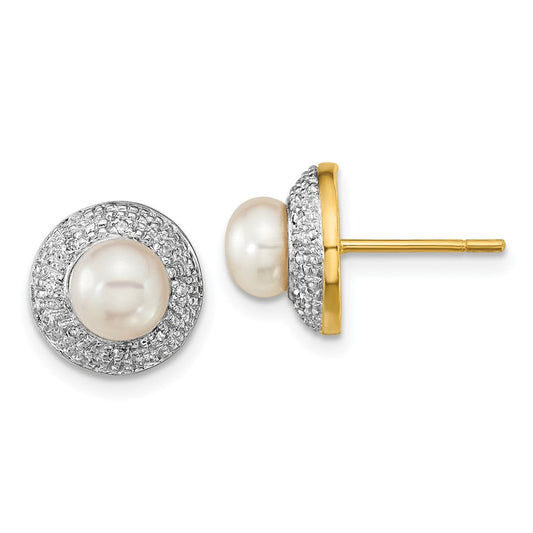14k Yellow Gold and Rhodium 5-6mm Button FWC Pearl .05ct Real Diamond Post Earrings XE1971P/A