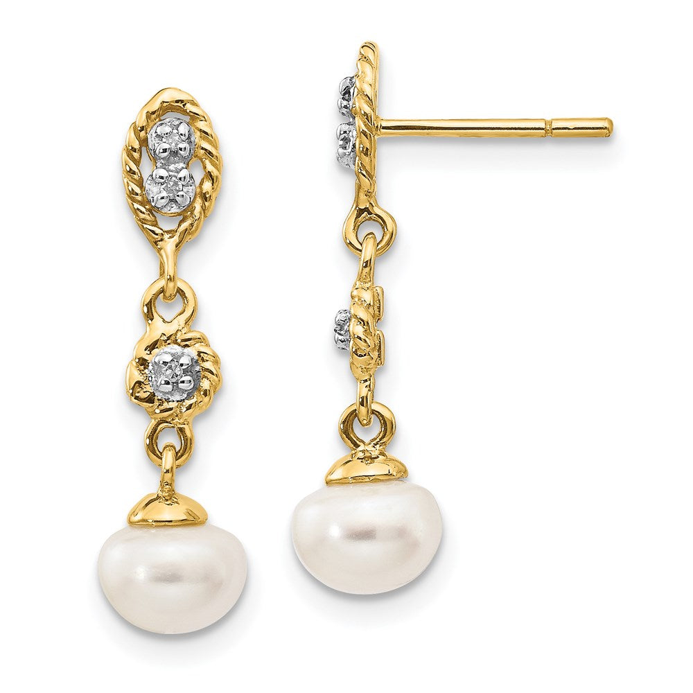 14k Yellow Gold w/Rhodium 6-7mm Semi-round FWC Pearl .02ct Real Diamond Earrings XE1975P/A