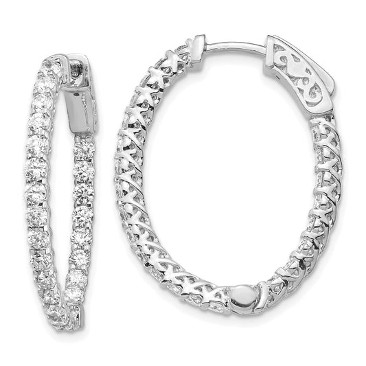14k White Gold Diamond Oval Hoop w/Safety Clasp Earrings