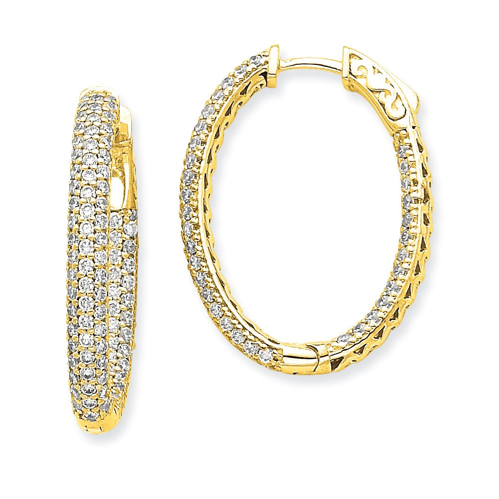 14k Yellow Gold Diamond Oval Hoop w/Safety Clasp Earrings