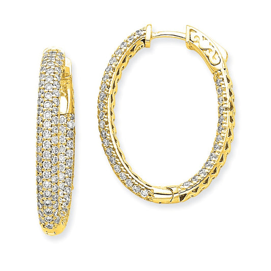 14k Yellow Gold Diamond Oval Hoop w/Safety Clasp Earrings
