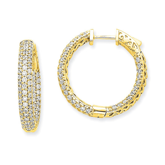 14k Yellow Gold Diamond Round Hoop w/Safety Clasp Earrings