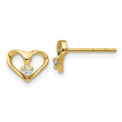 Solid 14k Yellow Gold AA Simulated CZ Heart Post Earrings