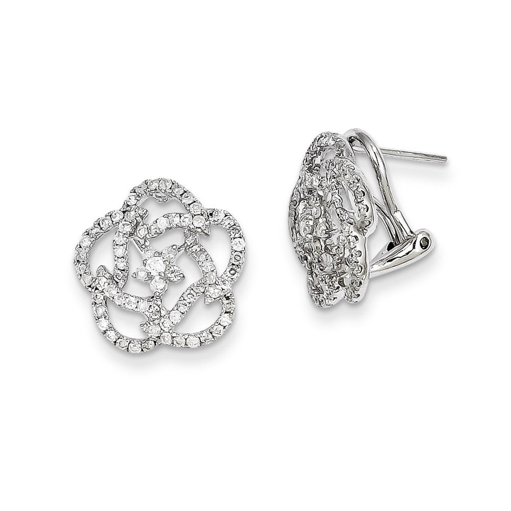 14k White Gold Diamond Flower Omega Back Earrings
