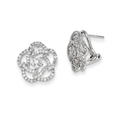 14k White Gold Diamond Flower Omega Back Earrings