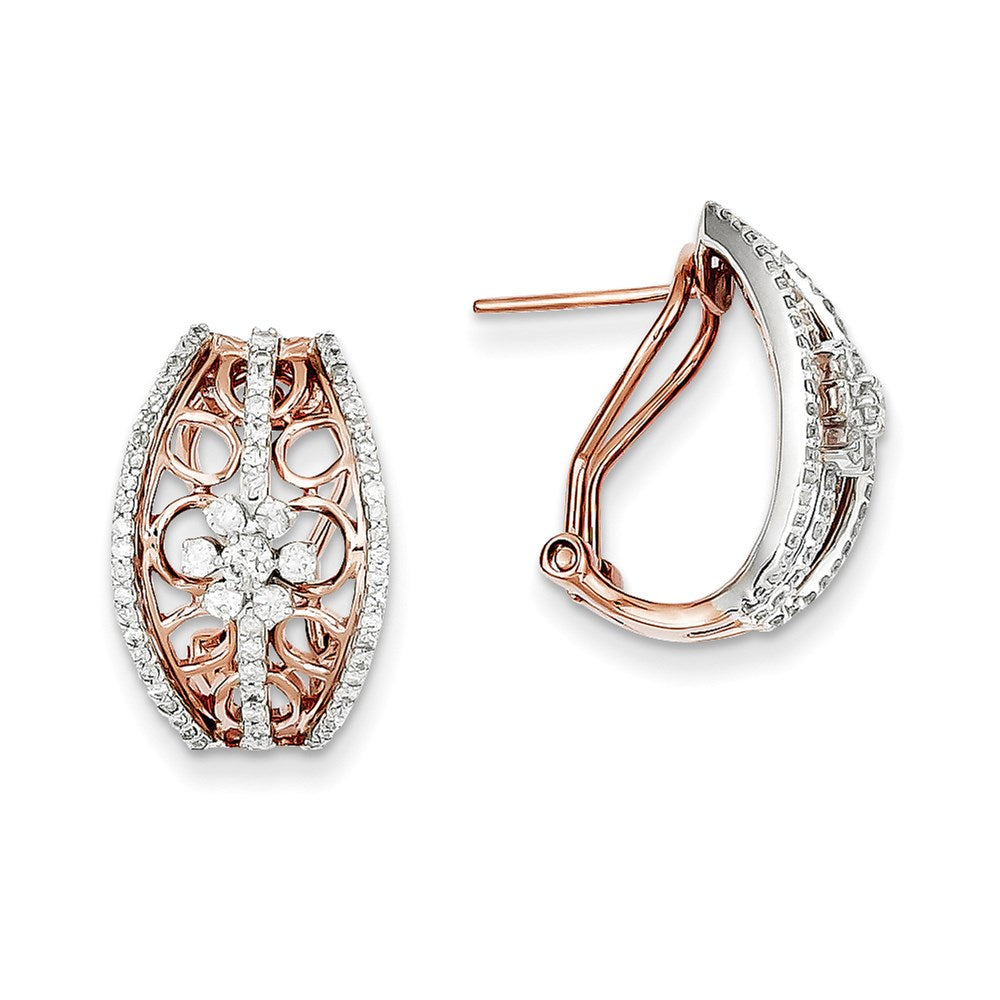14k Two-tone Gold Diamond Flower Omega Back Earrings