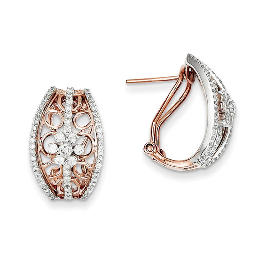 14k Two-tone Gold Diamond Flower Omega Back Earrings