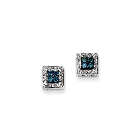 14k White Gold White & Blue Diamond Square Post Earrings