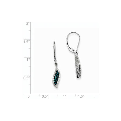 14k White Gold White & Blue Diamond Dangle Leverback Earrings