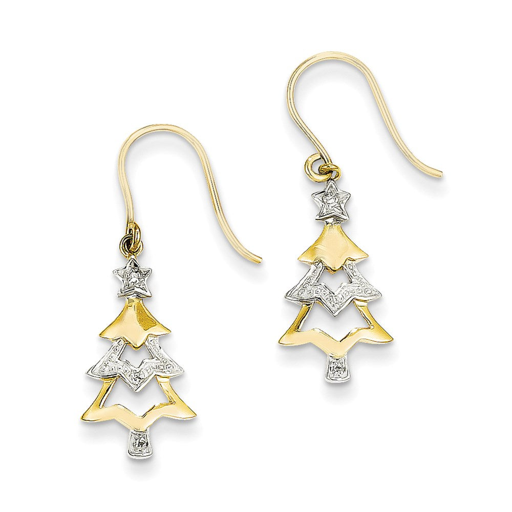 14k Yellow Gold & Rhodium Real Diamond Christmas Tree Dangle Earrings XE2331AA