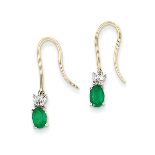 14k Yellow Gold 1/8ct Real Diamond & Emerald Shepherd Hook Earrings XE2410E/AA