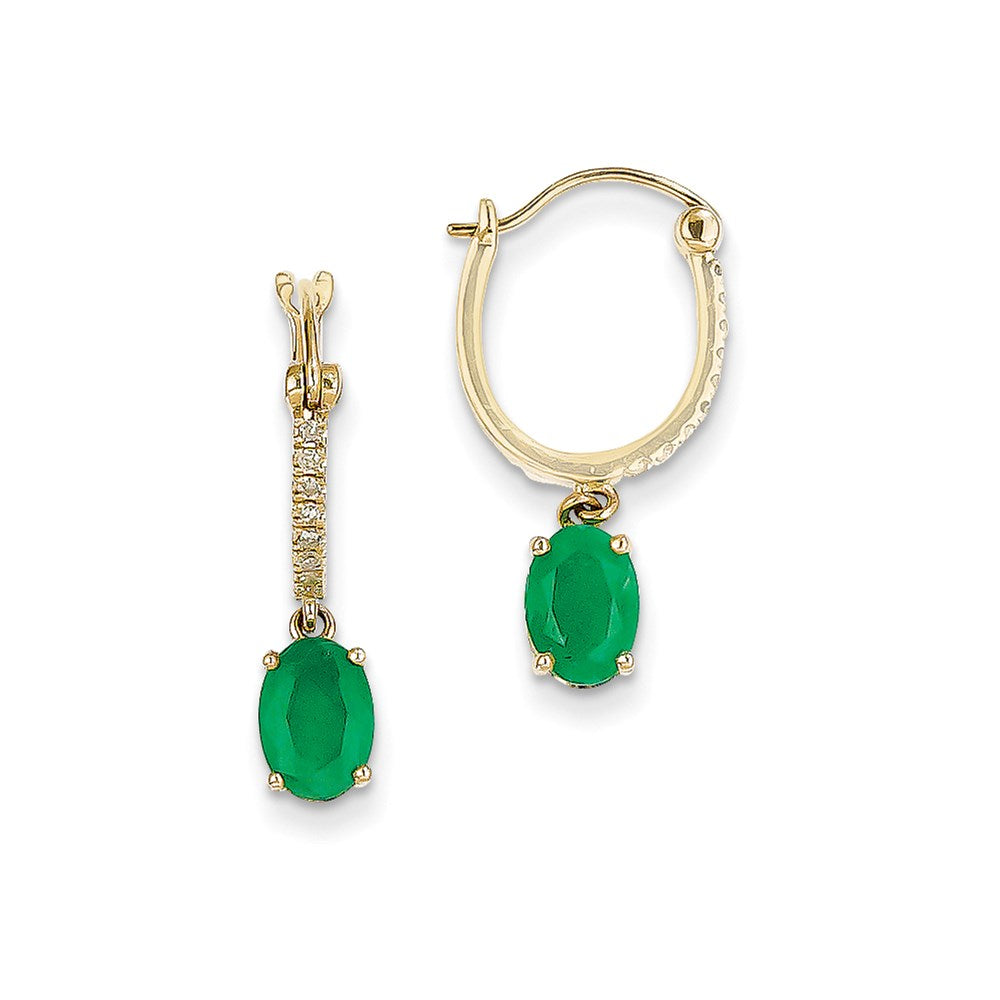14k Yellow Gold 1/10ct Real Diamond & Emerald Dangle Hoop Earrings XE2412E/AA