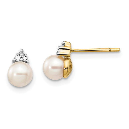 14k Yellow Gold 5-6mm White Round FWC Pearl .01ct Real Diamond Post Earrings XE2492AA