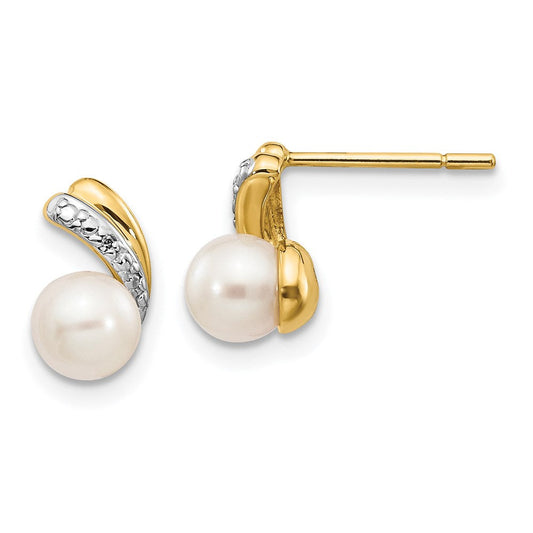 14k Yellow Gold 5-6mm White Round FWC Pearl .01ct Real Diamond Post Earrings XE2493AA