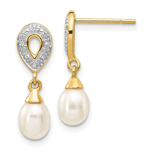 14k Yellow Gold 7x5mm White Teardrop FWC Pearl .01ct Real Diamond Dangle Earrings XE2494AA