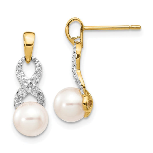 14k Yellow Gold 6-7mm White Round FWC Pearl .01 Real Diamond Dangle Earrings XE2495AA