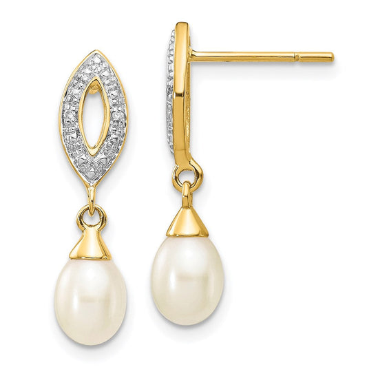 14k Yellow Gold 7x5mm White Teardrop FWC Pearl .01ct Real Diamond Dangle Earrings XE2496AA