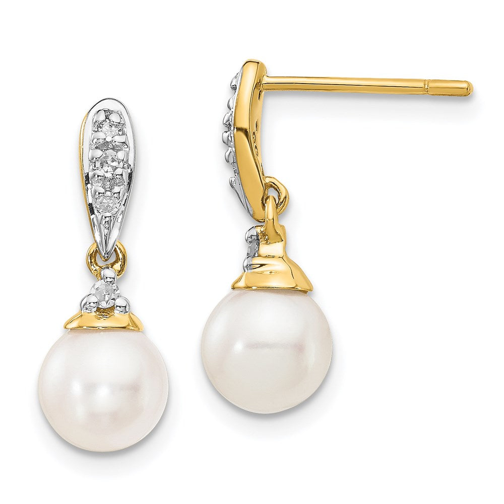 14k Yellow Gold 6-7mm White Round FWC Pearl .08ct Real Diamond Dangle Earrings XE2497AA
