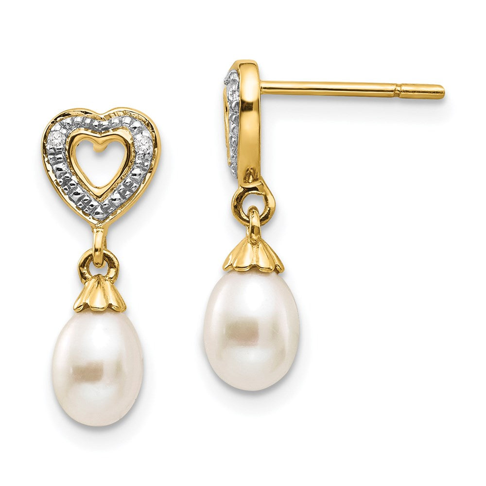 14k Yellow Gold 7x5mm Teardrop FWC Pearl .01ct Heart Real Diamond Dangle Earrings XE2498AA