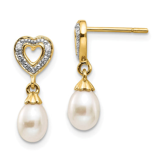 14k Yellow Gold 7x5mm Teardrop FWC Pearl .01ct Heart Real Diamond Dangle Earrings XE2498AA