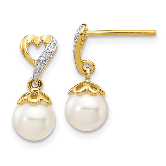 14k Yellow Gold 6-7mm Round FWC Pearl .01ct Heart Real Diamond Dangle Earrings XE2499AA