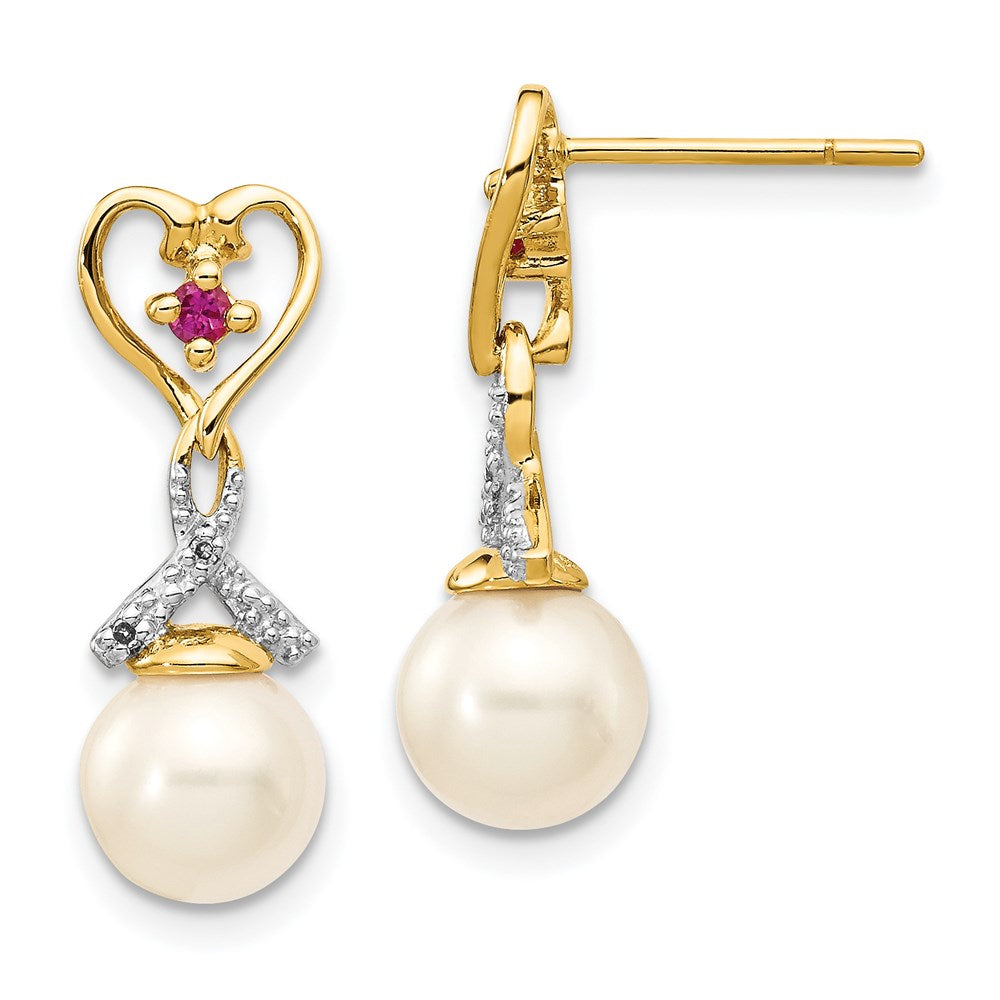 14k Yellow Gold 7-8mm FWC Pearl Created Ruby Real Diamond Heart Dangle Earrings XE2500AA