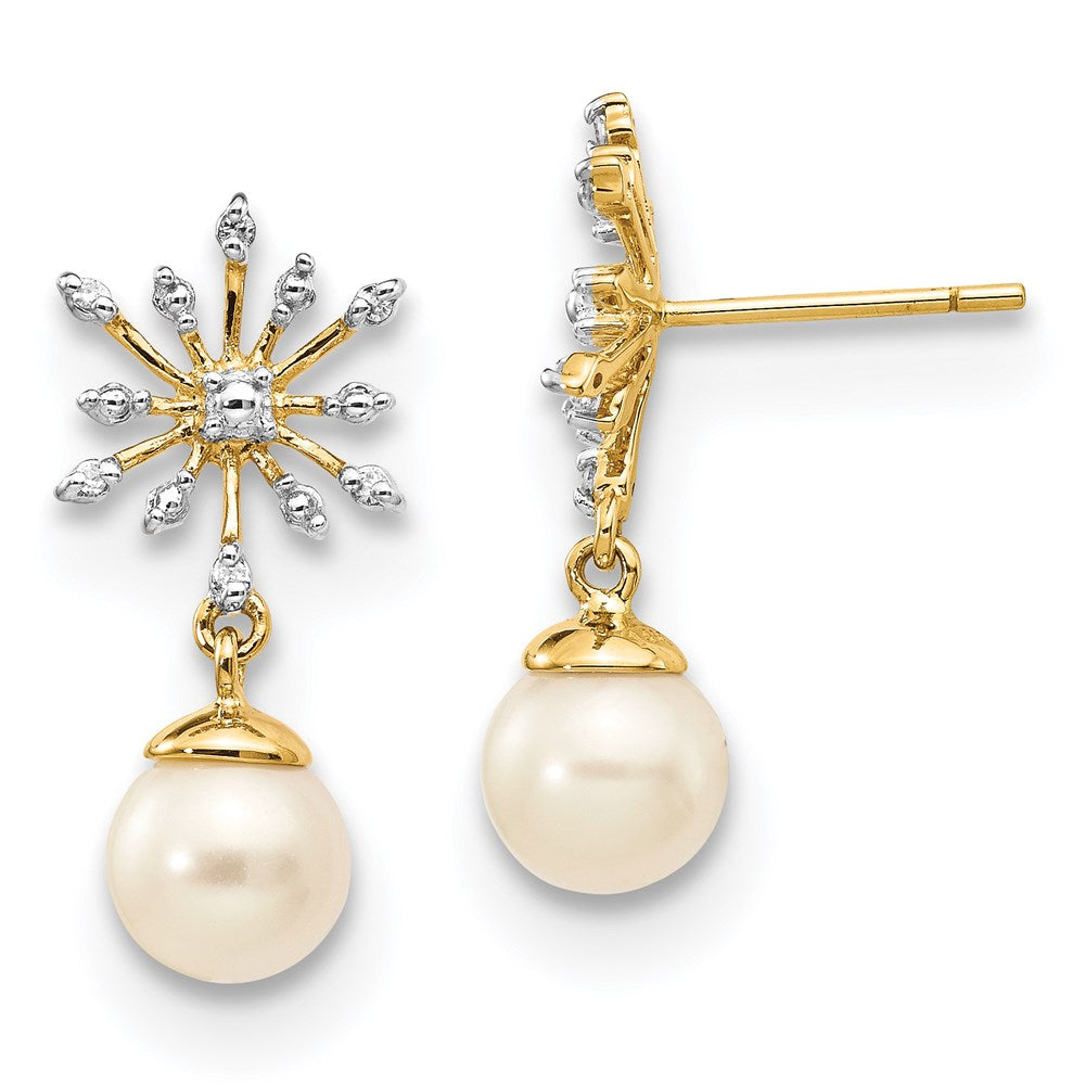 14k Yellow Gold Real Diamond and 7-8mm Round FW Cultured Pearl Flower Post Earrings XE2503AA