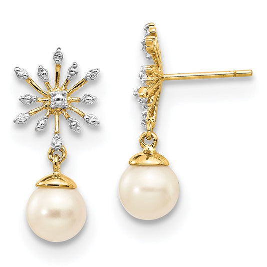 14k Yellow Gold Real Diamond and 7-8mm Round FW Cultured Pearl Flower Post Earrings XE2503AA