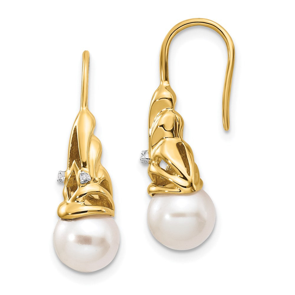 14k Yellow Gold Real Diamond and 7-8mm Round FW Cultured Pearl Dangle Earrings XE2504AA